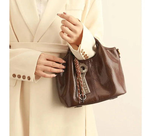 Bolsa Feminina de Couro Legítimo Bucket Vintage com Zíper para Dia a Dia