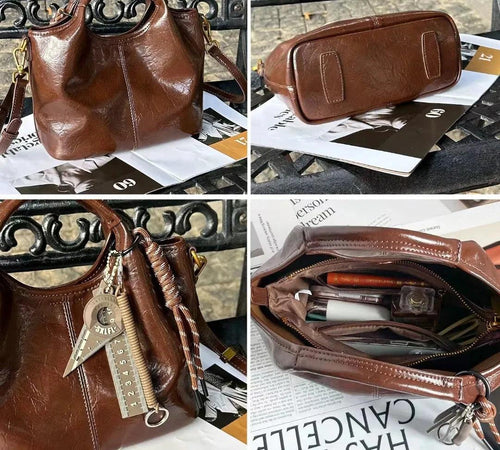 Bolsa Feminina de Couro Legítimo Bucket Vintage com Zíper para Dia a Dia