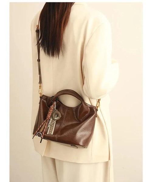 Bolsa Feminina de Couro Legítimo Bucket Vintage com Zíper para Dia a Dia