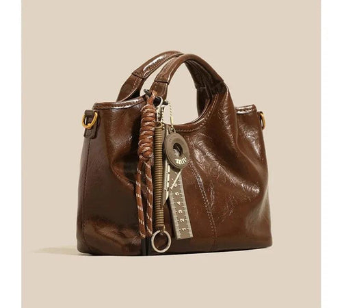 Bolsa Feminina de Couro Legítimo Bucket Vintage com Zíper para Dia a Dia