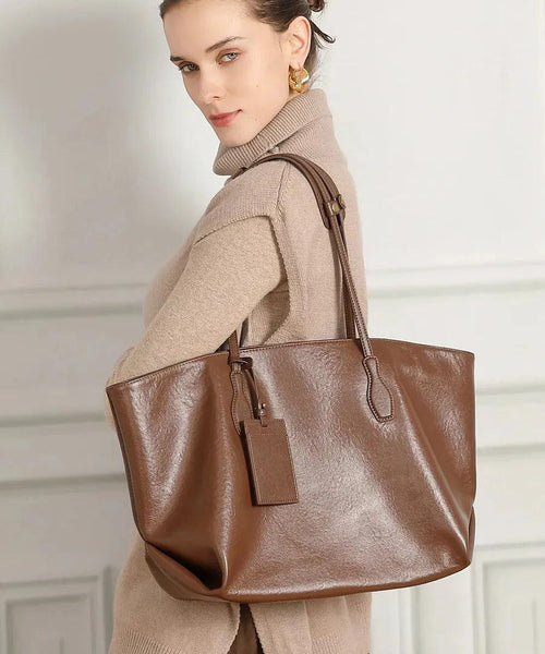 Bolsa Feminina de Couro Legítimo Grande Vintage Tote para Ombro