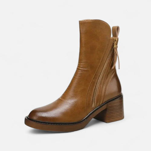 Botas de Couro Rasteiras de Salto Baixo para Mulheres Marrom