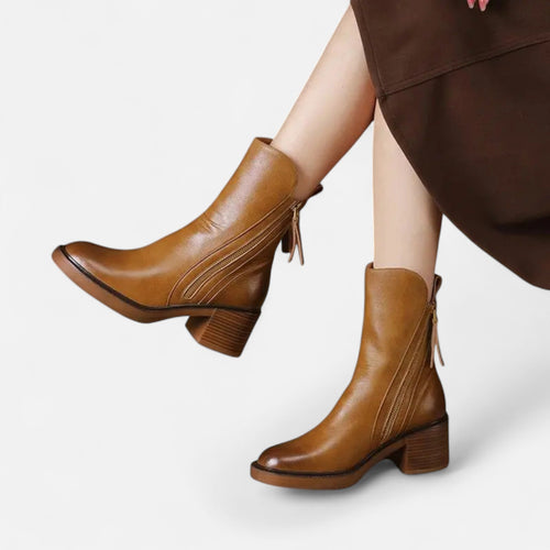 Botas de Couro Rasteiras de Salto Baixo para Mulheres