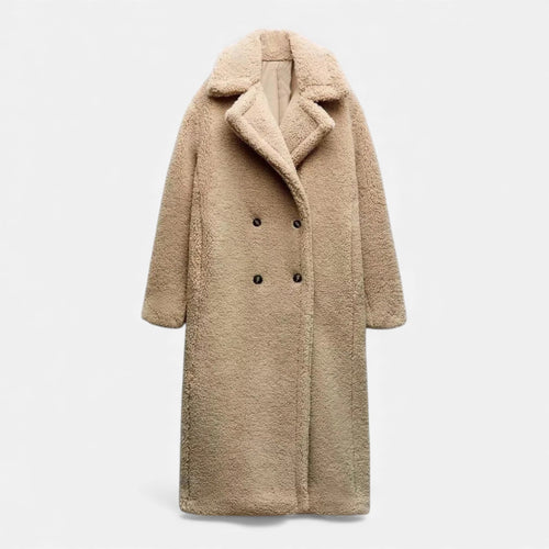 Casaco Teddy Duplo Feminino de Comprimento Longo Caqui