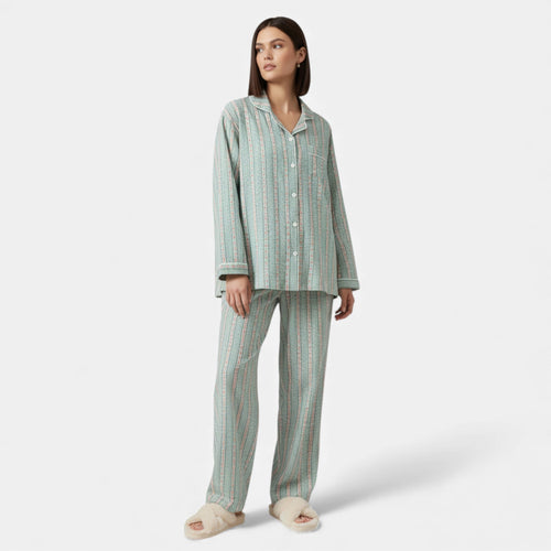 Conjunto de Pijama de Algodão Puro com Estilo Cardigã para Mulheres