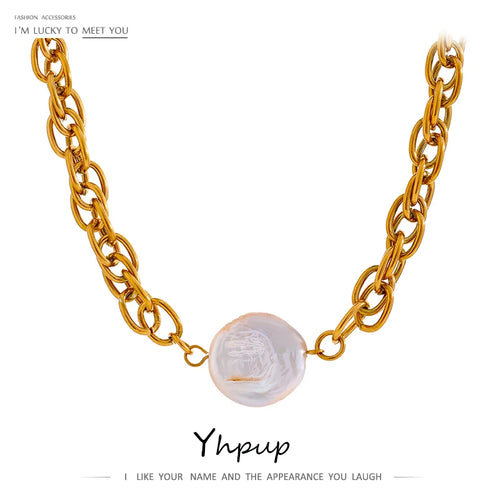 Yhpup New Stainless Steel Jewelry for Women Fashion Natural Pearl Chain Necklace joyería acero inoxidable mujer Anniversary Gift