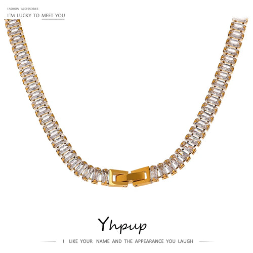 Yhpup 316L Stainless Steel Necklace Luxury Shiny Cubic Zirconia Fashion Jewelry for Women цепочка на шею женская Wedding Gift