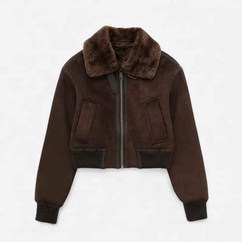 Jaqueta Bomber Feminina Marrom Luxuosa com Detalhes em Pelúcia Marrom