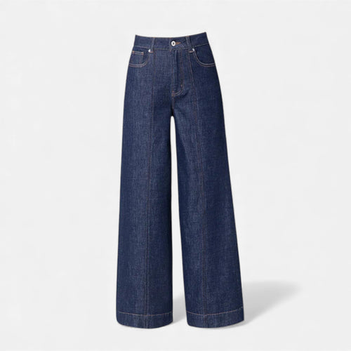 Jeans de Algodão para Mulheres com Corte Amplo e Cintura Alta Azul Denim