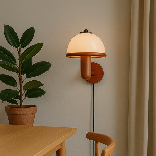 Luminária de parede em formato de cogumelo, com iluminação suave e design minimalista, ideal para ambientes sofisticados.