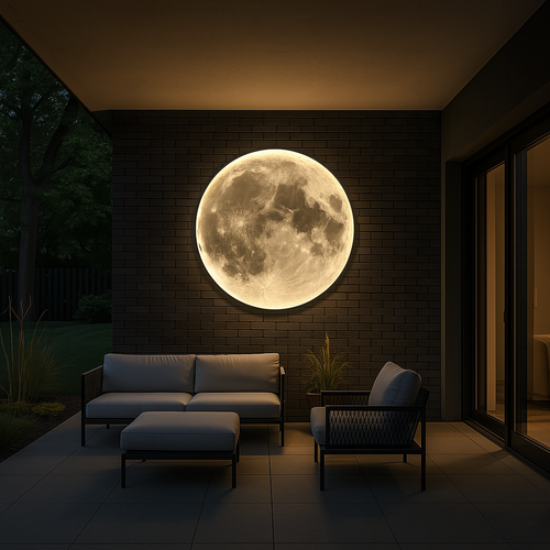 Luminária de parede em formato lunar com iluminação suave e difusa, ideal para interiores sofisticados.
