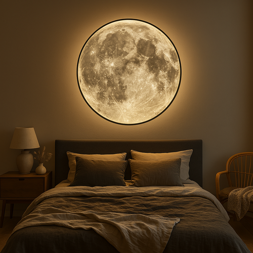 Luminária de parede em formato lunar com iluminação suave e difusa, ideal para interiores sofisticados.