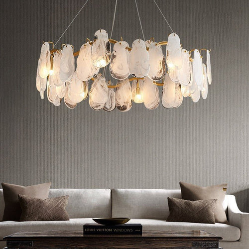 Lustre contemporâneo de vidro com 6 luminárias e nuvens com fios reguláveis