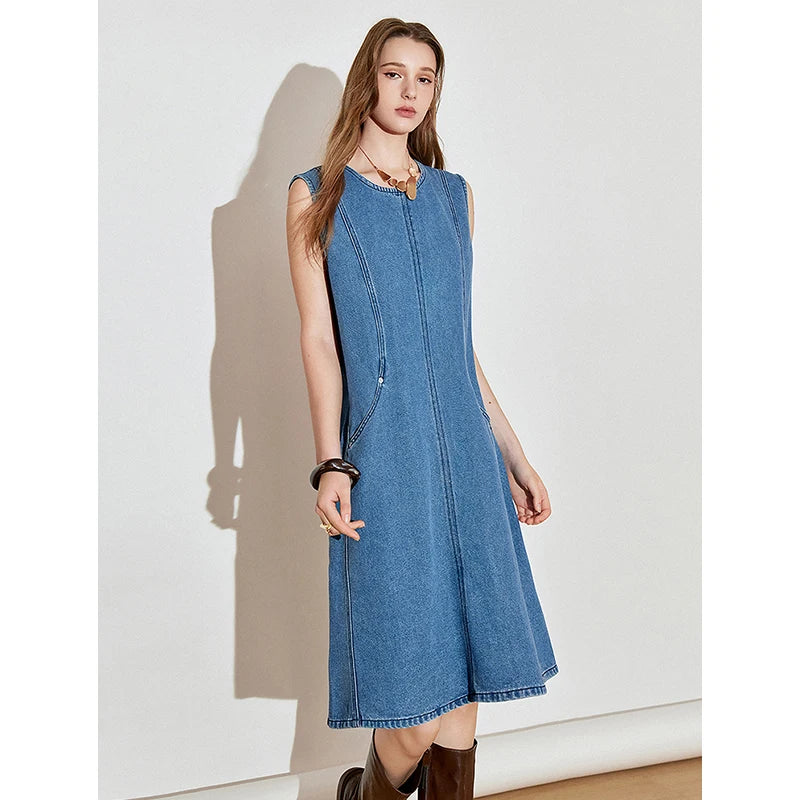 Vestido Jeans Midi Sem Manga com Amarração