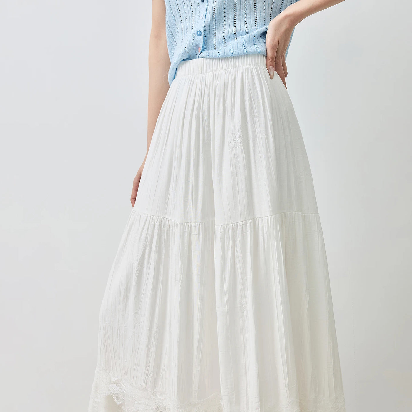 Saia Midi Feminina com Renda Patchwork Texturizada