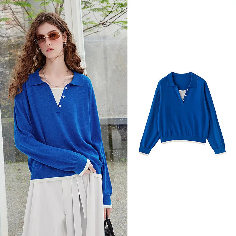 Blusa Feminina de Tricô com Lã Color Block Efeito Duas Peças
