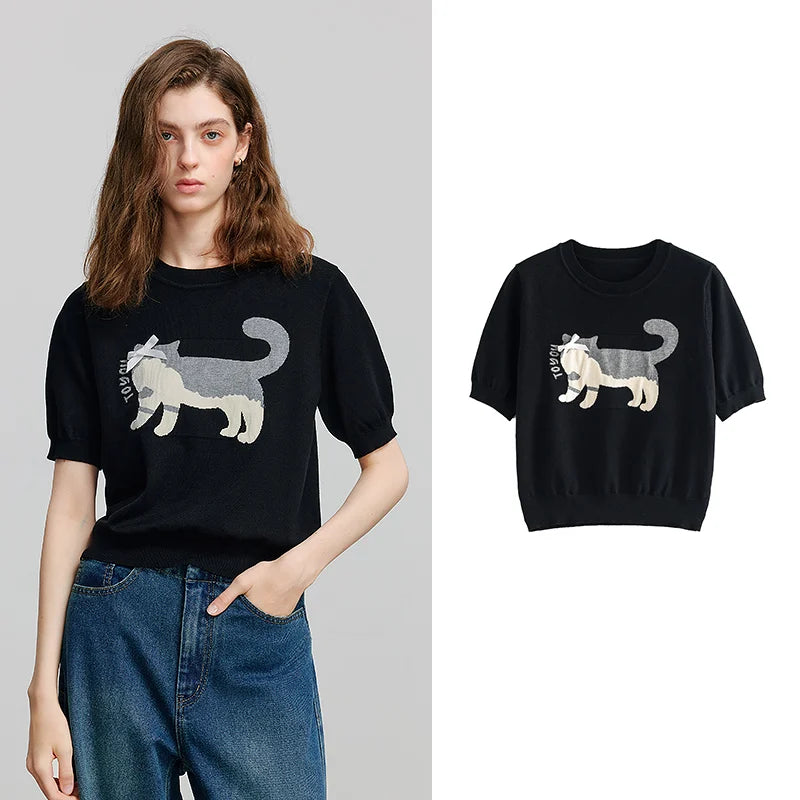 Blusa Feminina de Tricô Jacquard Gato com Laço
