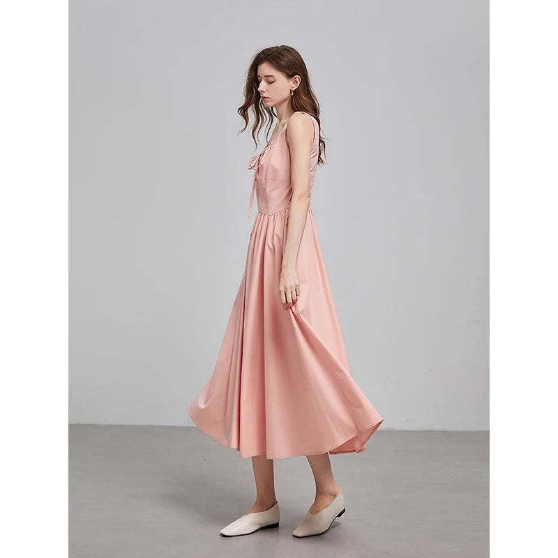 Vestido de Alças Midi Rosa com Bolsos