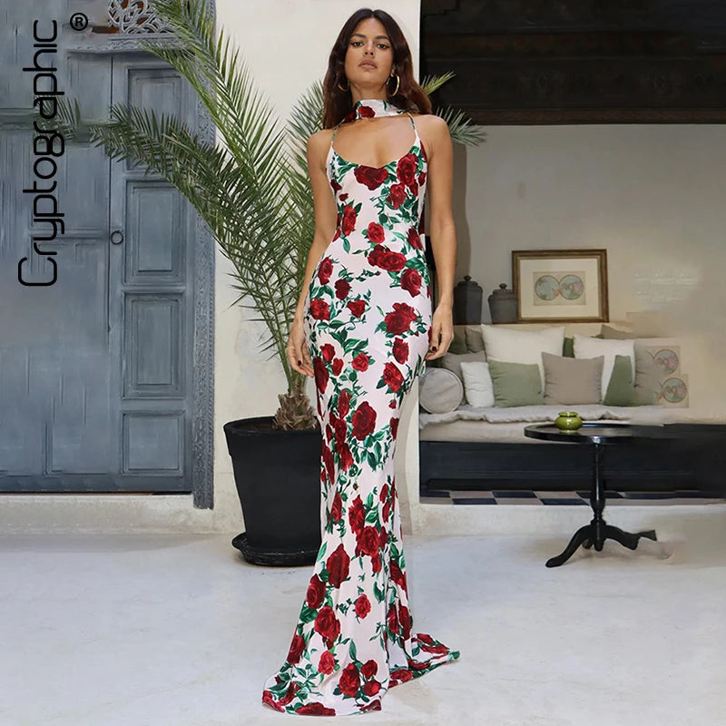 Vestido Longo Feminino Floral com Lenço no Decote