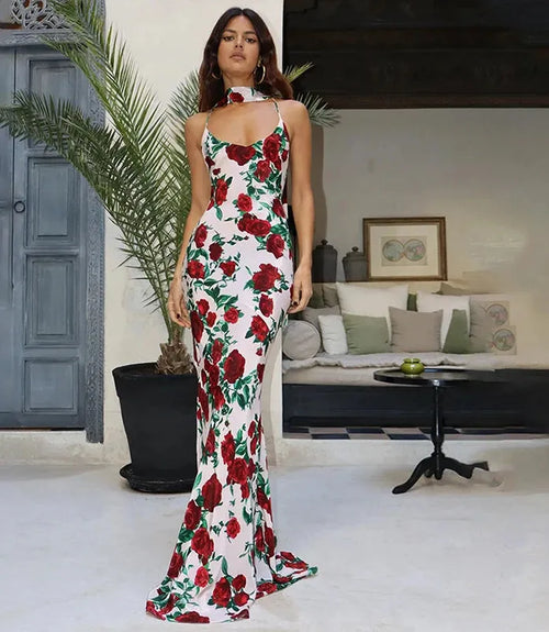 Vestido Longo Feminino Floral com Lenço no Decote