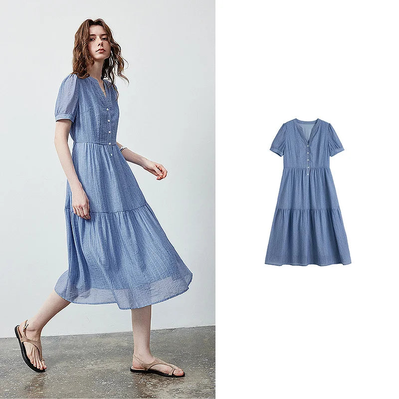 Vestido Midi Tie-Dye com Decote V e Saia em Camadas Blue
