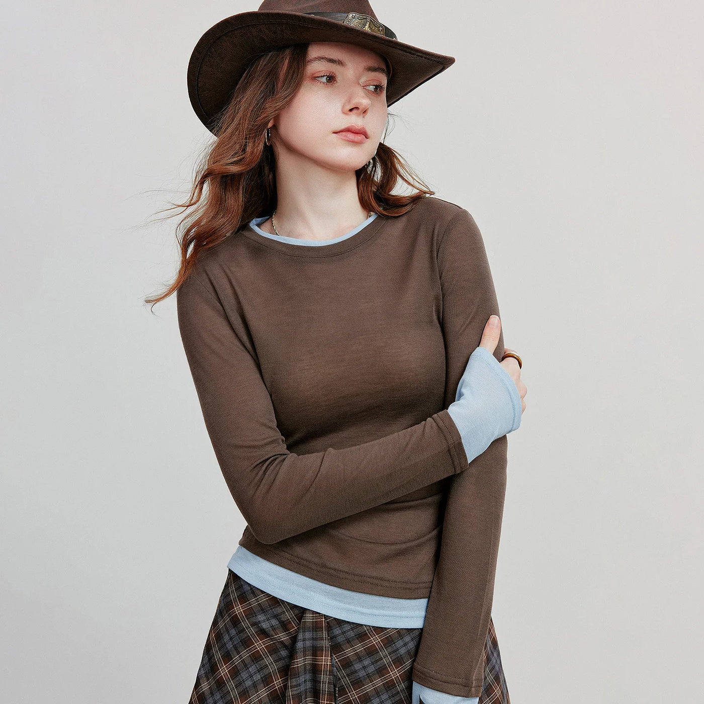 Blusa Feminina Efeito Duas Peças com Pregas Manga Longa