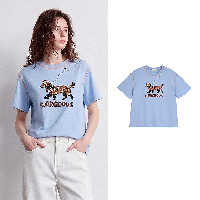 Camiseta Feminina de Algodão Color Block com Estampa Cachorro