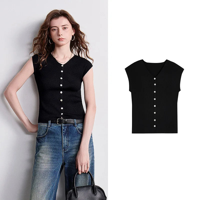 Blusa Feminina Ice Silk Slim com Decote V e Botões