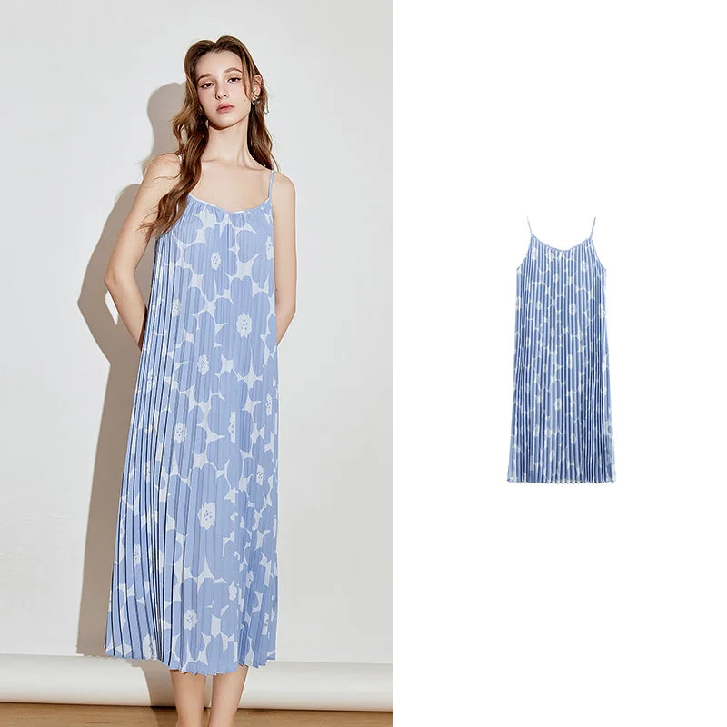 Vestido Midi Estampado de Alças com Pregas Light Blue