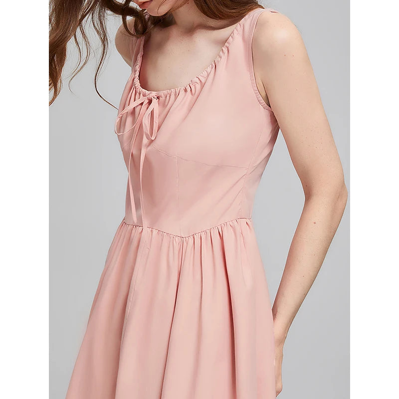 Vestido de Alças Midi Rosa com Bolsos