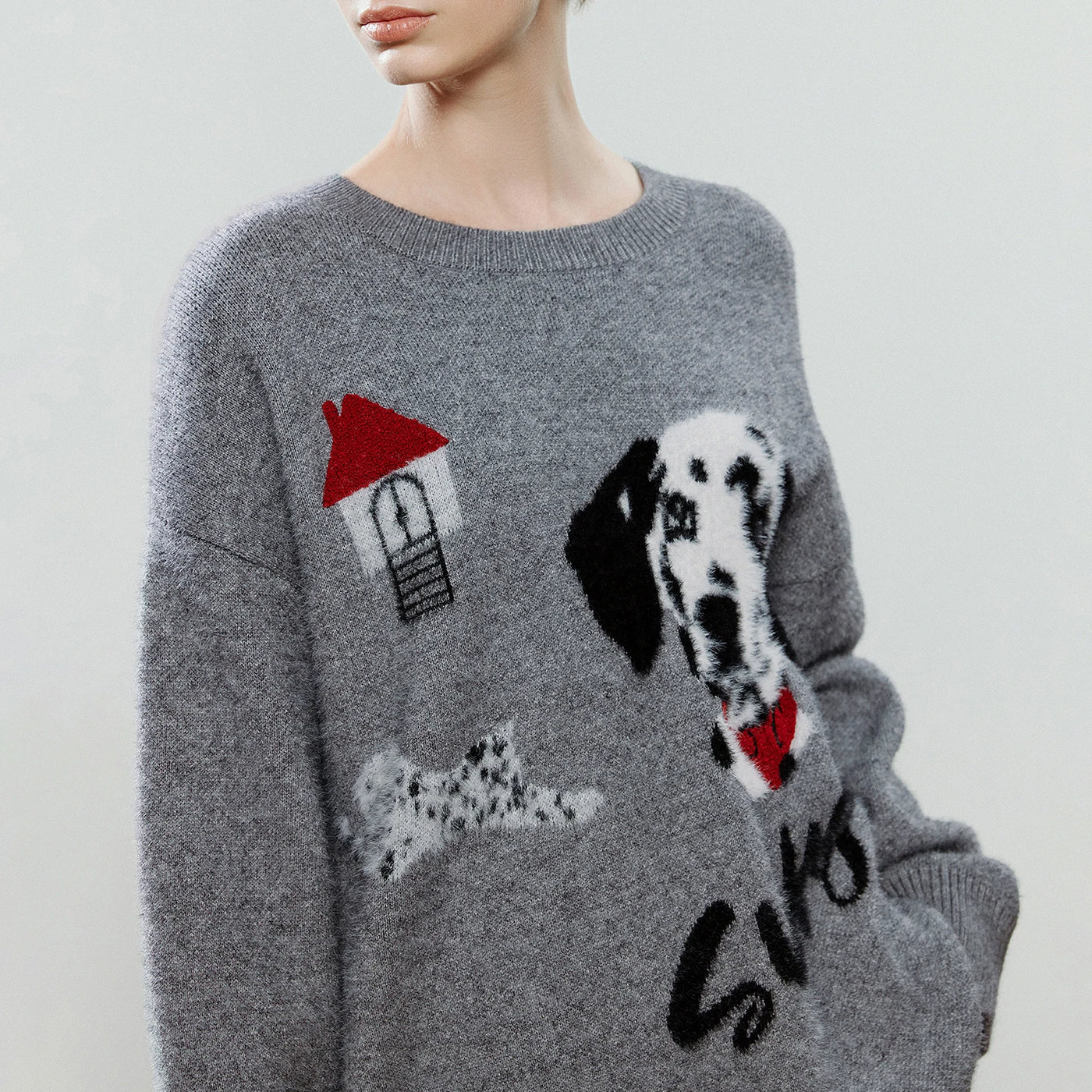 Suéter Feminino com Jacquard de Cachorro e Gola Redonda