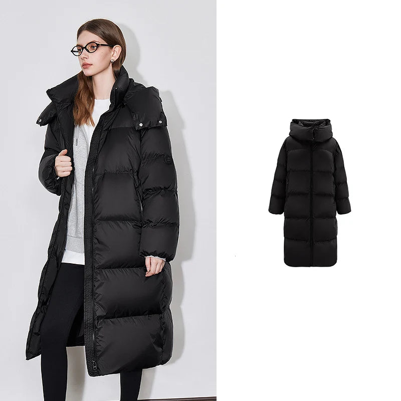 Casaco Puffer Feminino Midi com Capuz 90% Plumas Black