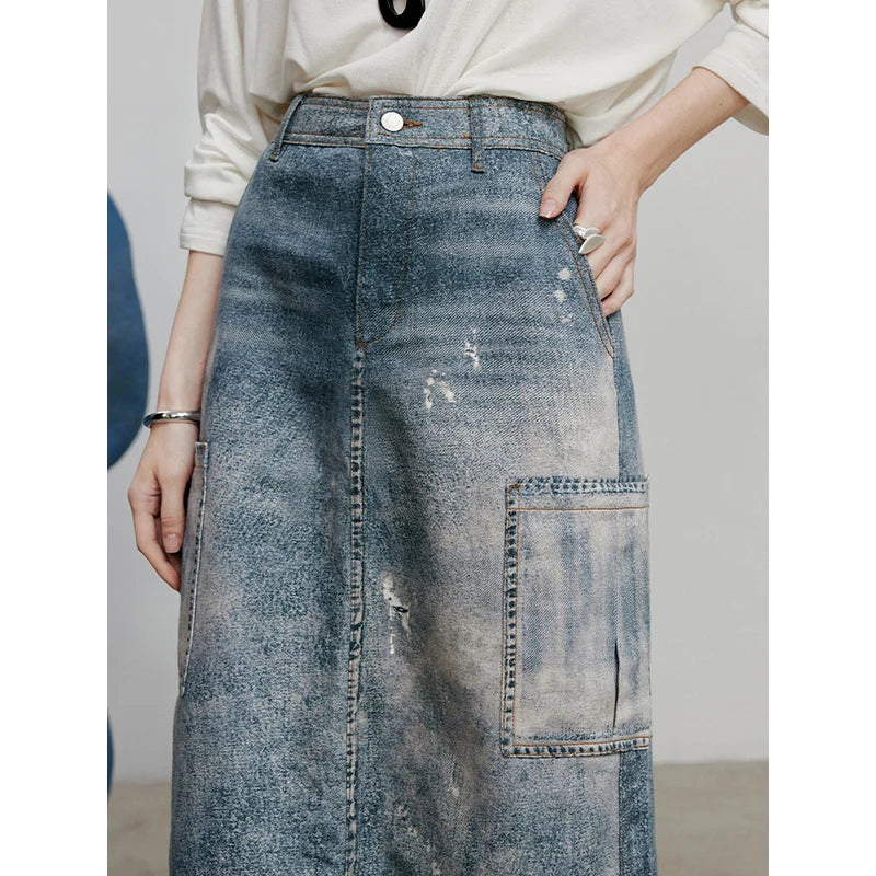 Saia Jeans Midi Feminina Estampada Cintura Alta