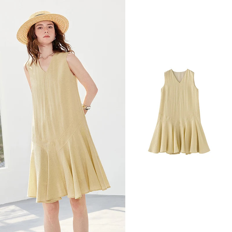 Vestido Midi de Liocel com Decote V e Barra Sereia Light Yellow