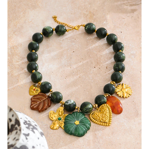Yhpup Stainless Steel Green Acrylic Beads Chain Handmade Jewelry Leaf Flower Heart Drop Charm Necklace 2025 Arrivals Popular