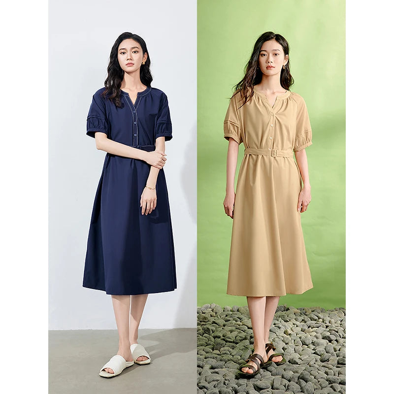 Vestido Midi com Decote V e Manga Bufante