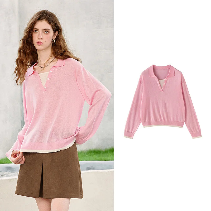 Blusa Feminina de Tricô com Lã Color Block Efeito Duas Peças