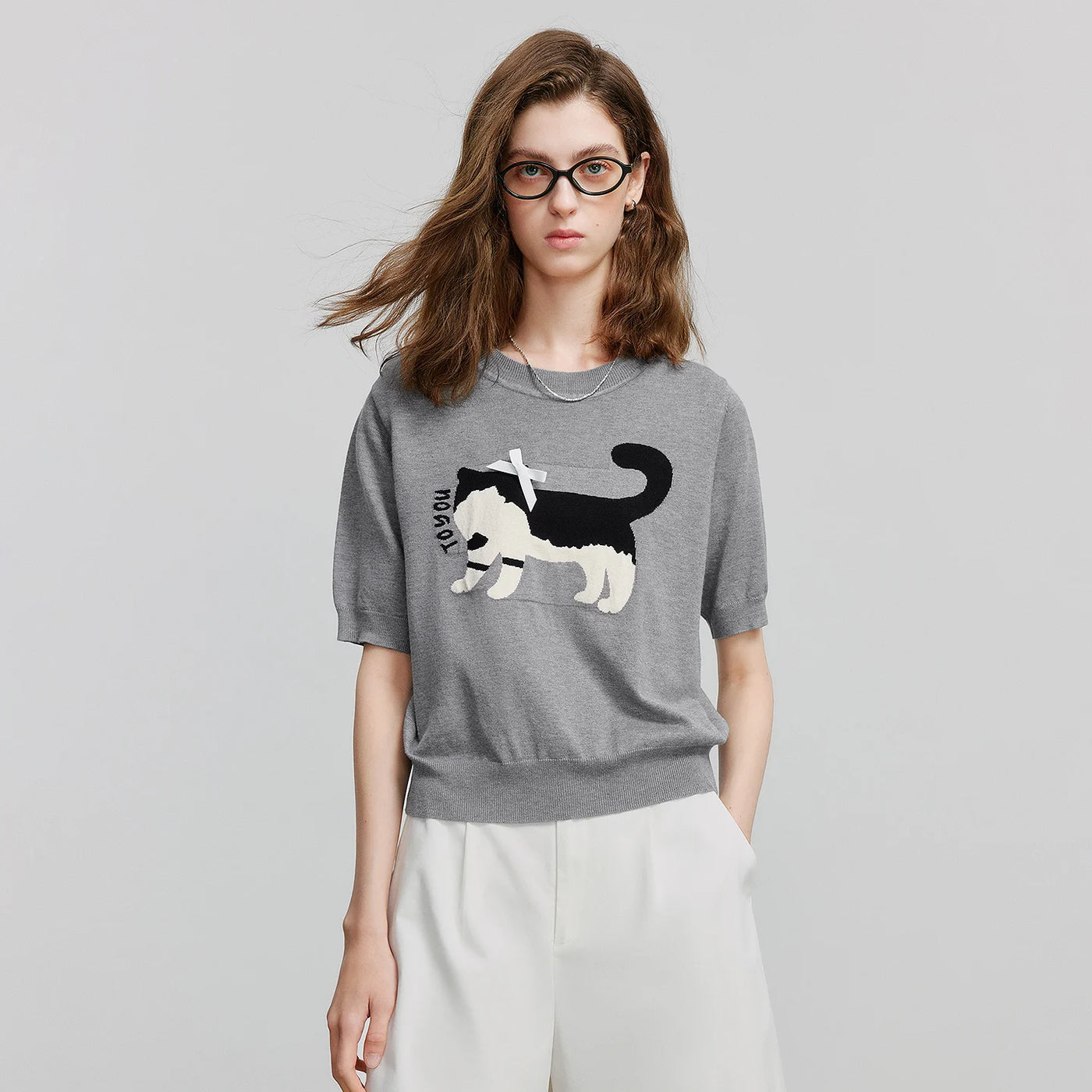 Blusa Feminina de Tricô Jacquard Gato com Laço