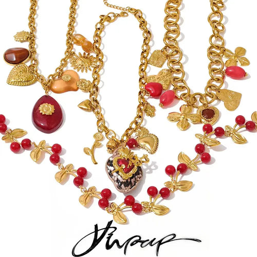Yhpup Fashion Acrylic Resin Cherry Flower Heart Sun Pendant Charms Necklace Stainless Steel Golden Handmade Jewelry Gift
