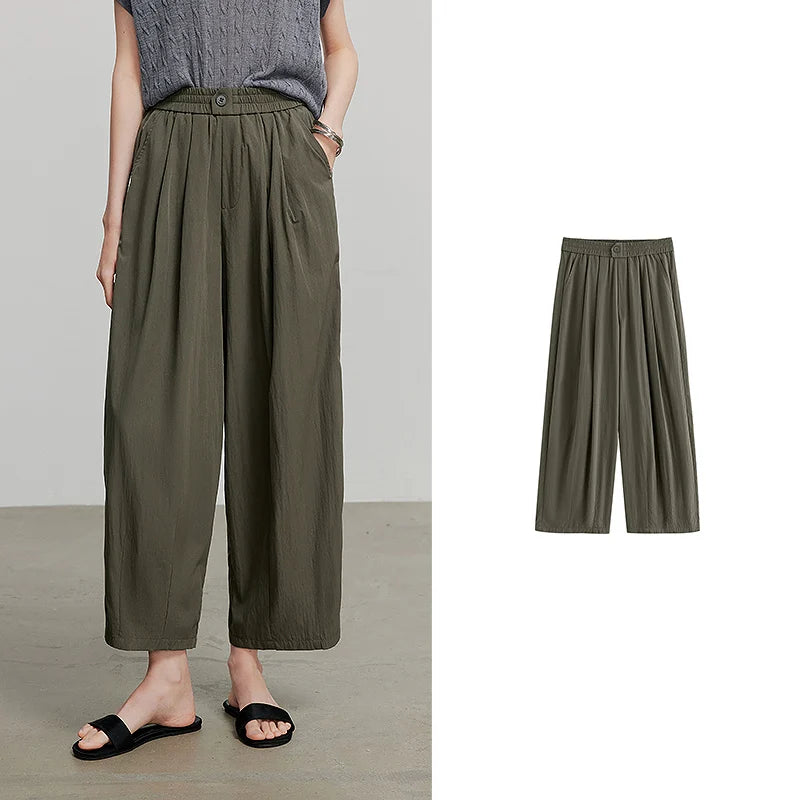 Calça Wide Leg Feminina Texturizada com Pregas