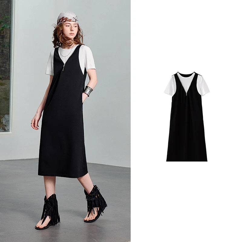 Vestido Midi Bicolor com Decote V e Zíper Black