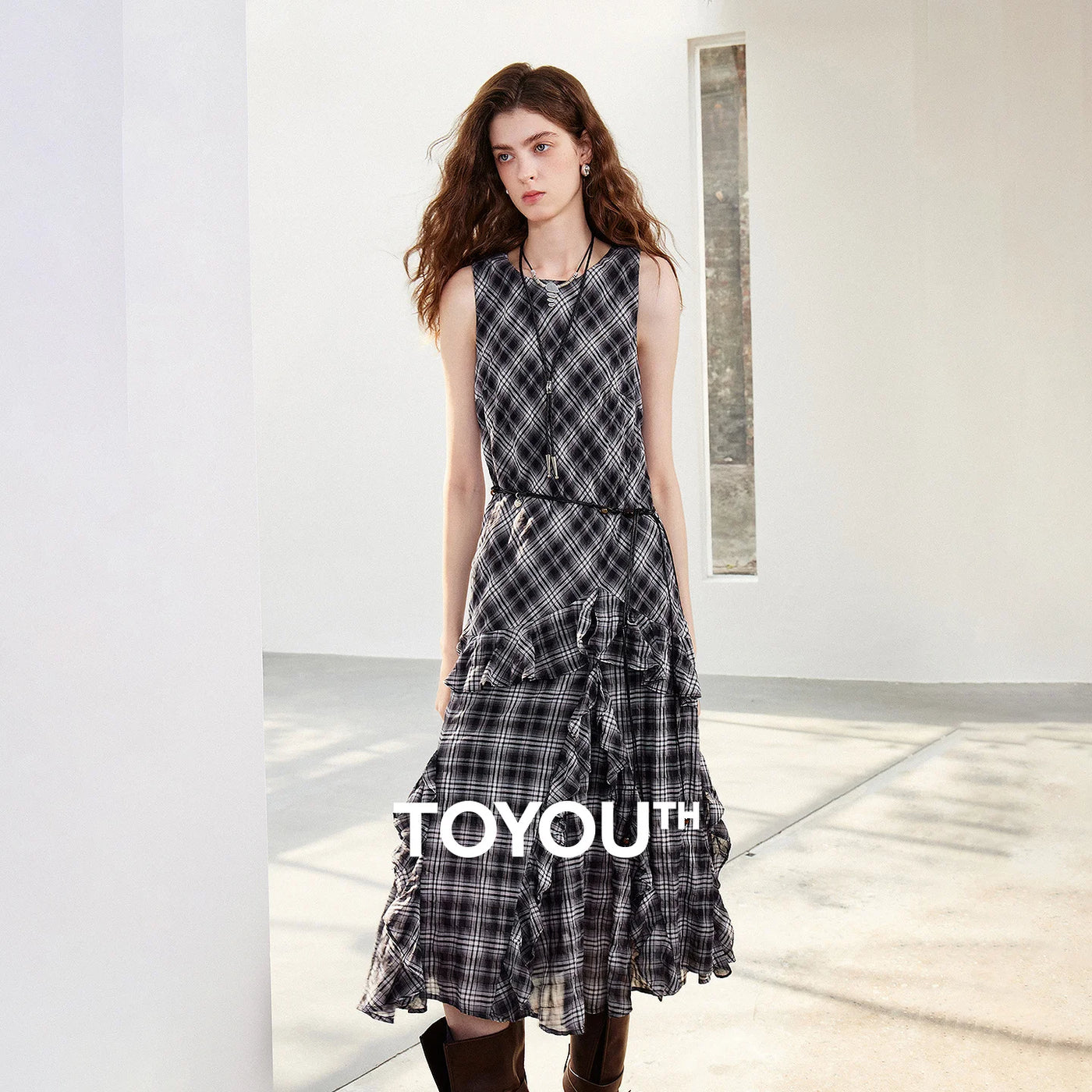 Vestido Boho Midi Xadrez com Babados