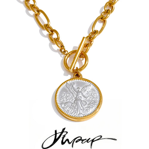 Yhpup Round Double Sided Angel Pendant Drop Necklace Stainless Steel Golden Chain Toggle-Clasps Statement Jewelry Waterproof