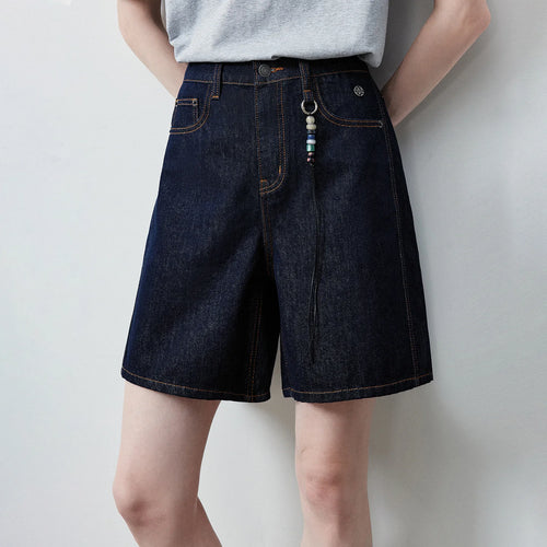 Shorts Jeans Feminino Wide Leg 100% Algodão com Pingente