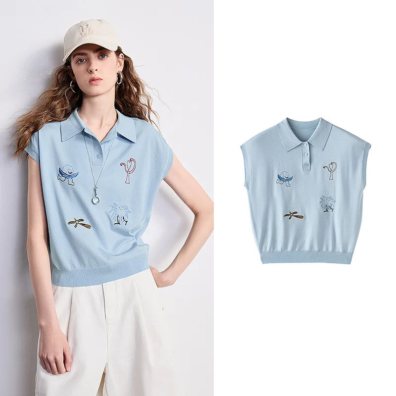 Blusa Feminina de Tricô Ice Silk com Bordado