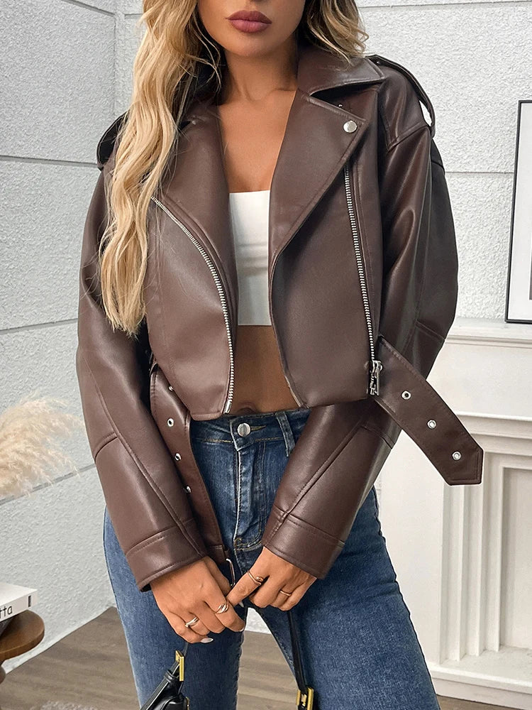 Jaqueta Moto Feminina em Couro Sintético com Cinto Red Brown