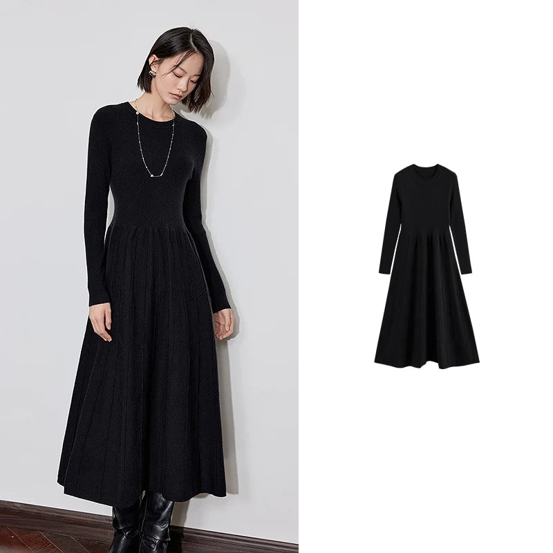 Vestido Midi de Malha Cinza Manga Longa para Inverno Black