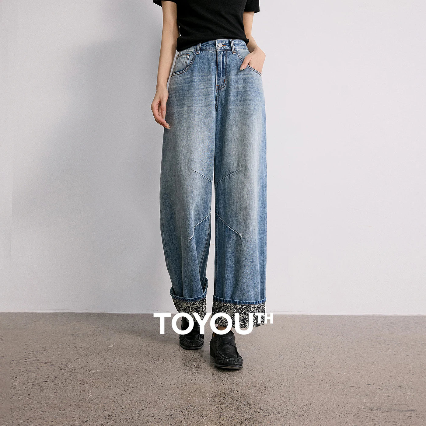 Calça Jeans Feminina Wide Leg Estampada Cintura Alta