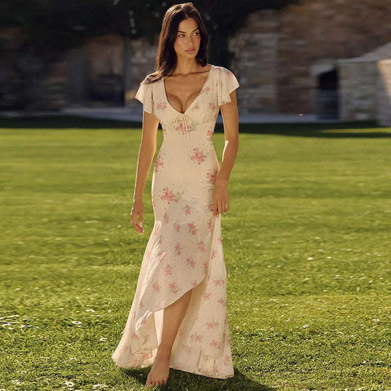 Vestido Longo Feminino Floral com Babados e Saia Sereia Pink