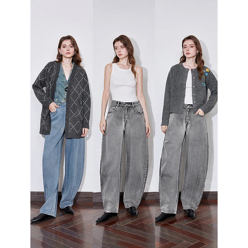 Calça Jeans Feminina Wide Leg Estonada Cintura Média